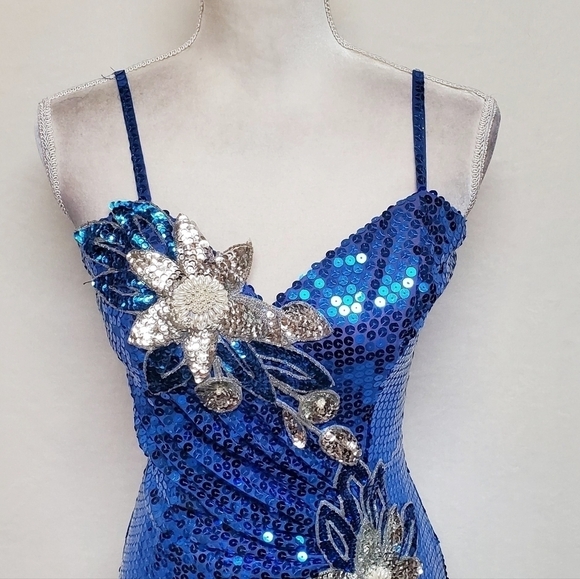 VINTAGE Alyce Designs Blue Silver Sequin Floral Bustier Side Slit Maxi Dress M - Picture 5 of 16